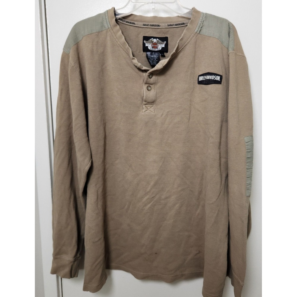 Harley Davidson Mens Henley‎ Waffle Weave Thermal Shirt Cotton Elbow Patches 2XL